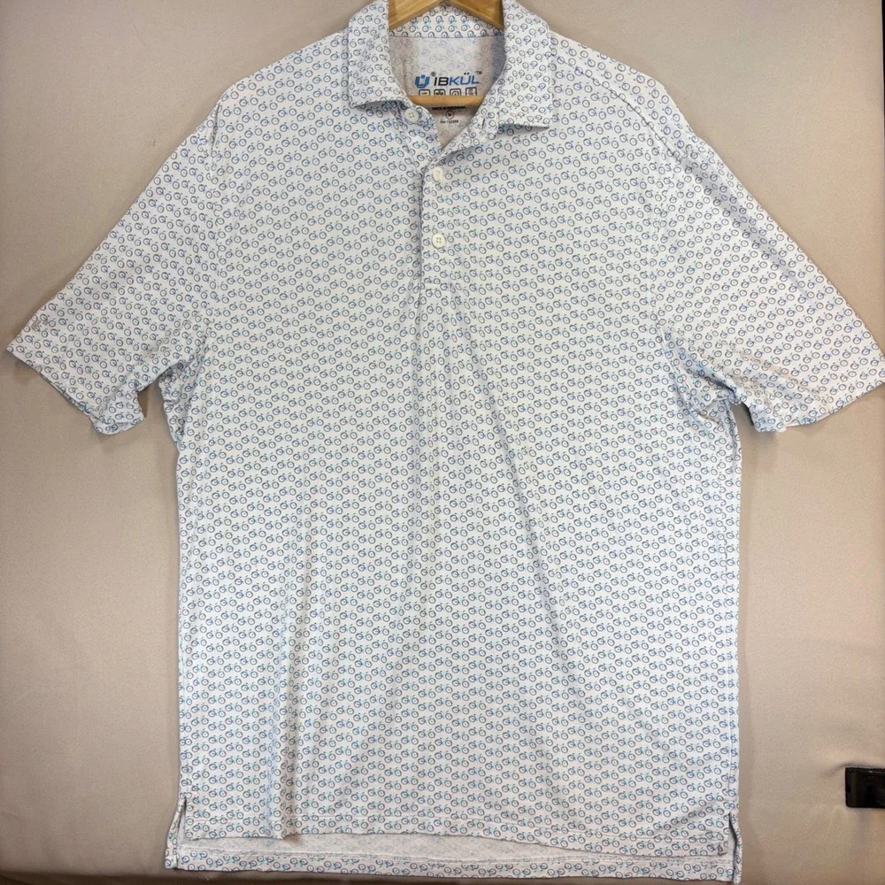 IBKUL Polo Shirt Mens Medium White Blue Bicycle Print IceFil UPF 50 Golf Travel